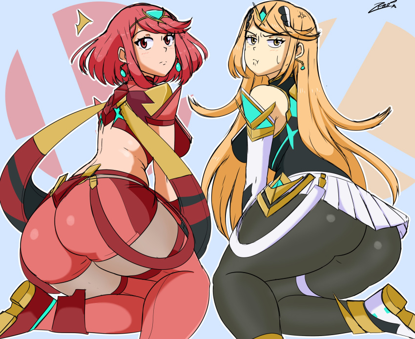 2girls, absurdres, ass, bangs, bare_legs, bare_shoulders, black_gloves, blonde_hair, breasts, chest_jewel, dress, earrings, elbow_gloves, fingerless_gloves, gem, gloves, headpiece, highres, jewelry, large_breasts, long_hair, multiple_girls, mythra_(massive_melee)_(xenoblade), mythra_(xenoblade), pyra_(xenoblade), red_legwear, red_shorts, redhead, short_dress, short_hair, short_shorts, shorts, smash_invitation, super_smash_bros., swept_bangs, thigh-highs, tiara, very_long_hair, white_dress, white_gloves, xenoblade_chronicles_(series), xenoblade_chronicles_2, yellow_eyes, zero_momentai