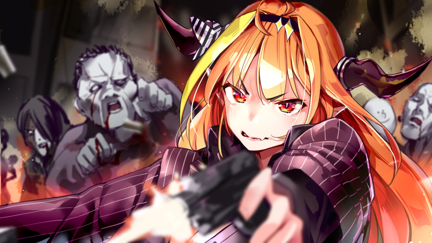 1girl, 1other, ahoge, akiyama_shun, akiyama_shun_(cosplay), alternate_costume, bangs, black_hairband, black_shirt, blonde_hair, blood, blood_on_face, blunt_bangs, bow, breasts, collared_shirt, colored_skin, cosplay, diagonal-striped_bow, dragon_girl, dragon_horns, eyebrows_visible_through_hair, fang, firing, formal, grey_skin, gun, hairband, handgun, highlights, highres, holding, holding_gun, holding_weapon, hololive, horn_bow, horns, jacket, kiryuu_coco, long_hair, long_sleeves, looking_away, multicolored_hair, multiple_boys, orange_hair, pinstripe_pattern, pinstripe_suit, pistol, pointy_ears, red_eyes, red_jacket, red_suit, ryoushi_chicken_soup_grass_big_chungus, ryuu_ga_gotoku, ryuu_ga_gotoku_of_the_end, shirt, skin_fang, slit_pupils, streaked_hair, striped, striped_bow, striped_jacket, suit, upper_body, v-shaped_eyebrows, virtual_youtuber, weapon, yuyaiyaui, zombie
