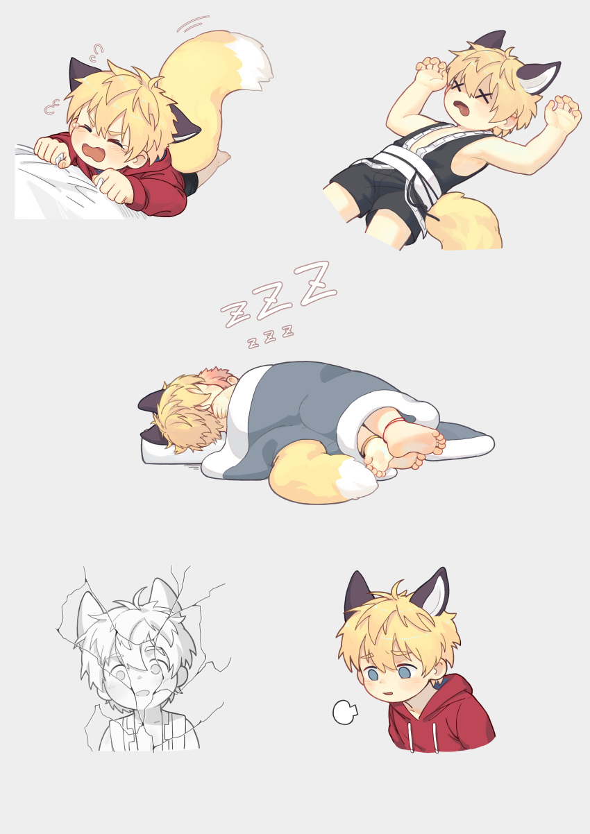 >_<, 1boy, absurdres, animal_ears, barefoot, blonde_hair, blue_eyes, blush