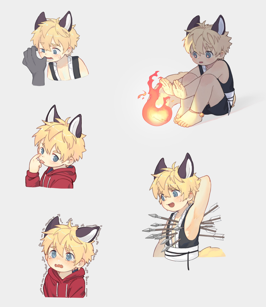 1boy, :p, absurdres, akanbe, animal_ears, arrow, barefoot, blonde_hair