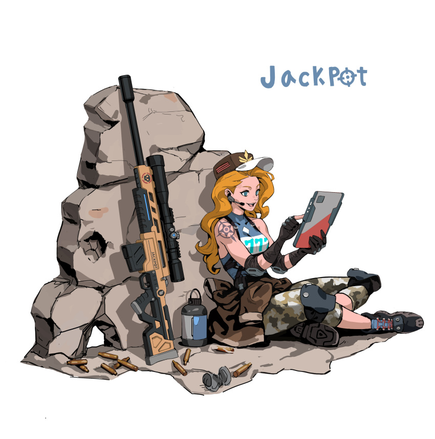 1girl, absurdres, against_wall, baseball_cap, black_gloves, blonde_hair, blue_eyes, breasts, camouflage, camouflage_pants, chest_harness, clothes_around_waist, clothes_writing, earpiece, elbow_pads, garam_jeong_(malgam), gloves, gun, harness, hat, highres, indian_style, knee_pads, lantern, long_hair, medium_breasts, military_operator, original, pants, partially_fingerless_gloves, rifle, scope, shell_casing, shoes, shoulder_tattoo, sitting, sneakers, sniper, sniper_rifle, solo, tablet_pc, tank_top, tattoo, wavy_hair, weapon
