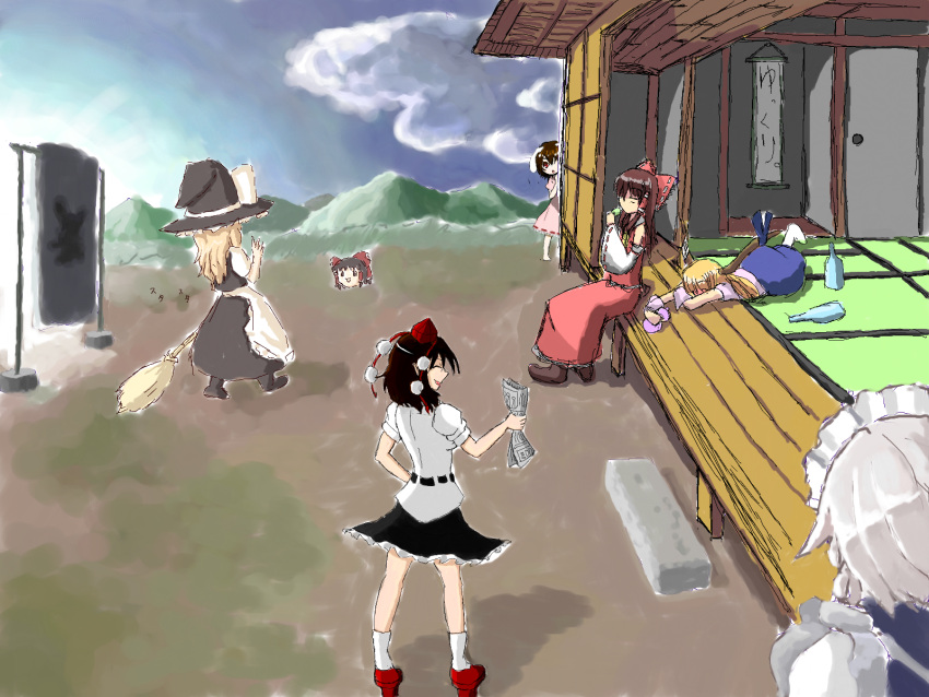 geta, hakurei_reimu, hat, highres, ibuki_suika, inaba_tewi, izayoi_sakuya, kirisame_marisa, nejiko_azuma, sekitaku, shameimaru_aya, tengu-geta, touhou, yo!_(amaysenso), yukkuri_shiteitte_ne