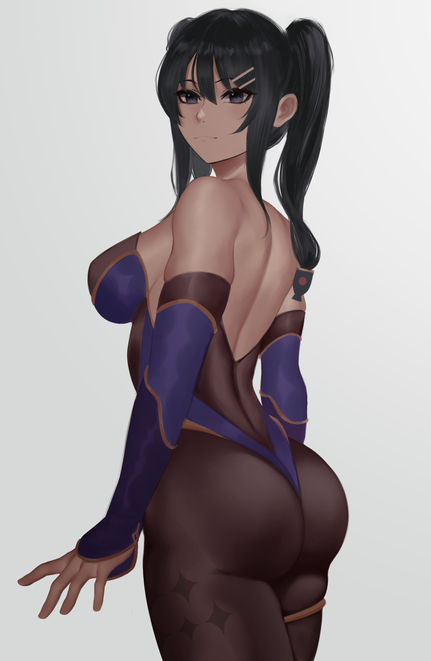 1girl, absurdres, aqua_eyes, ass, black_hair, blue_leotard, bodystocking, bodysuit_under_clothes