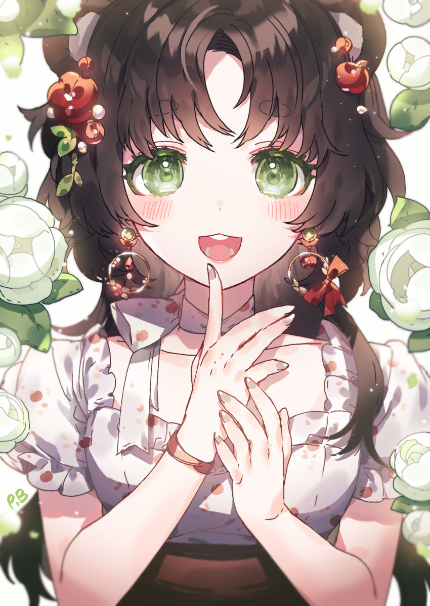 1girl, animal_ears, bear_ears, blurry, blurry_foreground, blush, bracelet, breasts