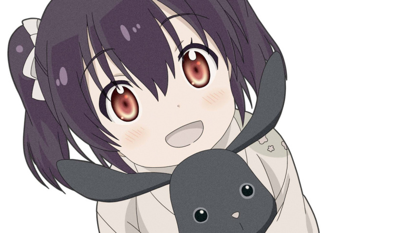 1girl, animal, animal_hug, bangs, black_hair, blush, bow, cloak