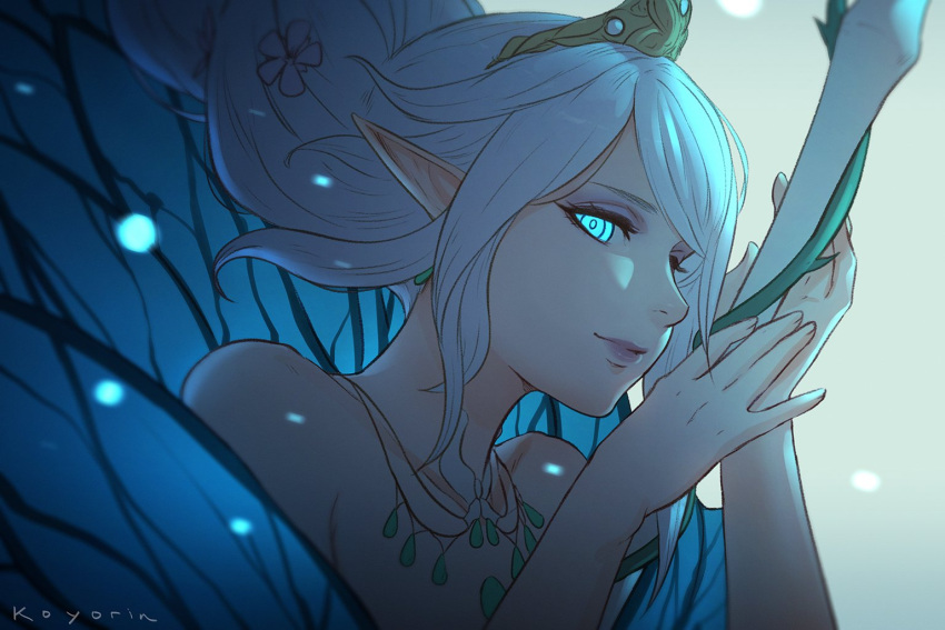 1other, bare_shoulders, blue_eyes, blue_wings, butterfly_wings, close-up, earrings, face