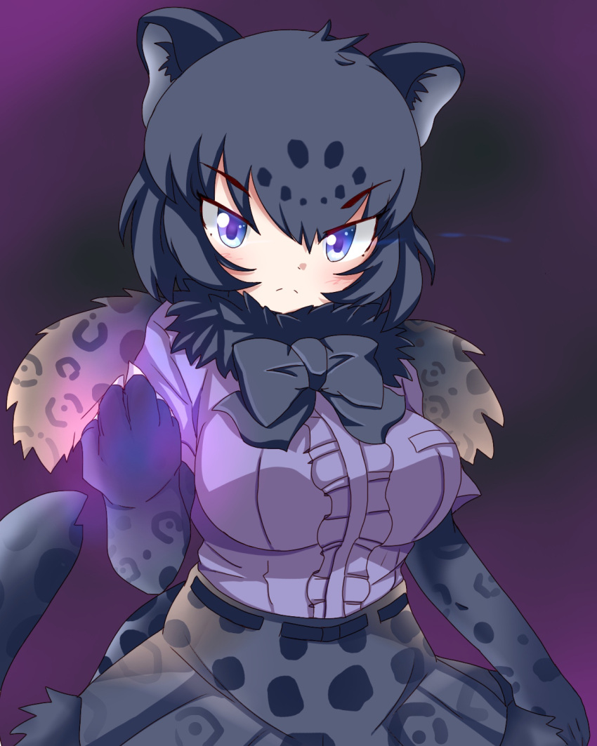 1girl, animal_ear_fluff, animal_ears, black_jaguar_(kemono_friends), blue_eyes, blush, breast_pocket, breasts