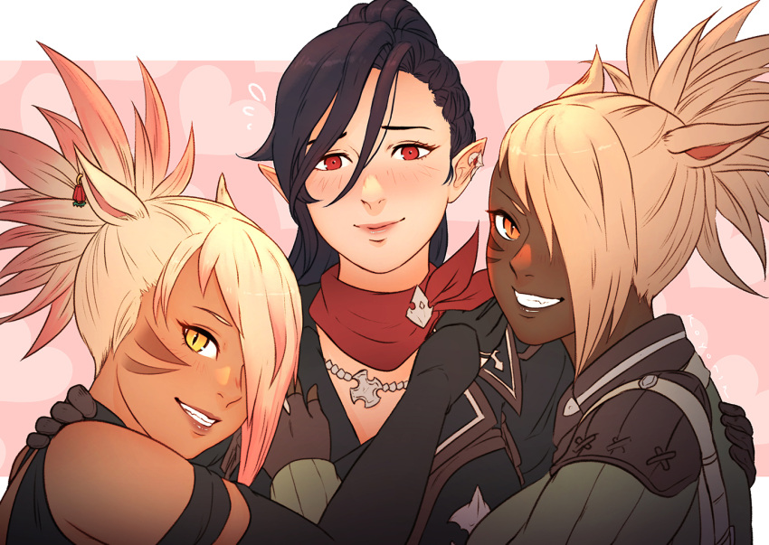 3girls, animal_ears, black_gloves, black_hair, blonde_hair, blush, cat_ears, dark_skin