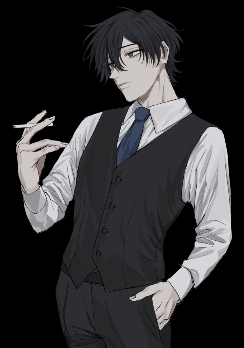 1boy, bad_id, bad_pawoo_id, belt, black_background, black_belt, black_hair, black_pants