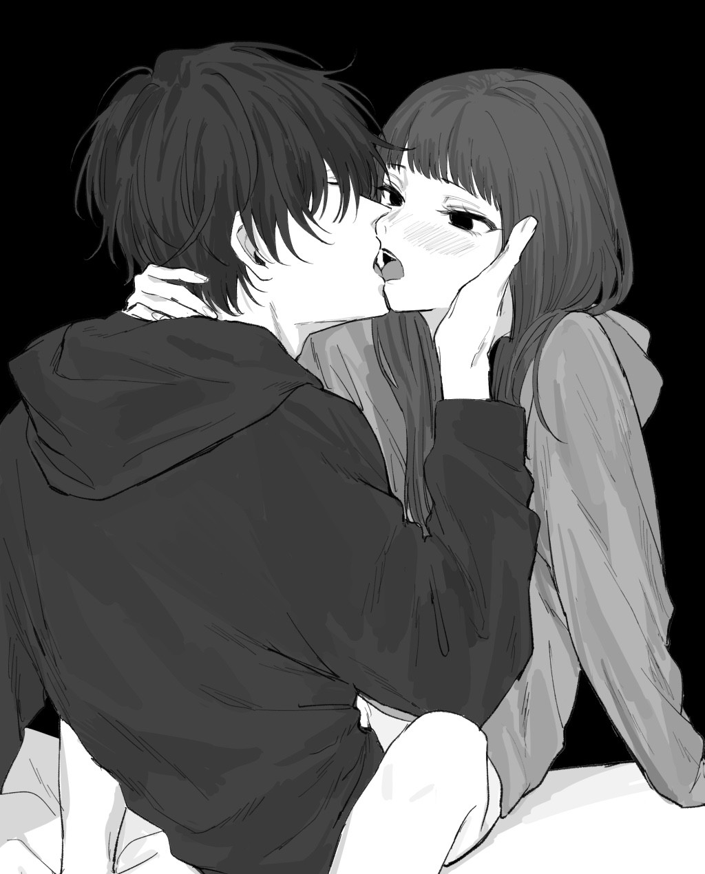 1boy, 1girl, black_background, blush, copyright_request, french_kiss, greyscale, hand_on_another's_face, highres, hood, hood_down, hoodie, kiss, little_mare, long_hair, long_sleeves, monochrome, open_mouth, simple_background, straddling