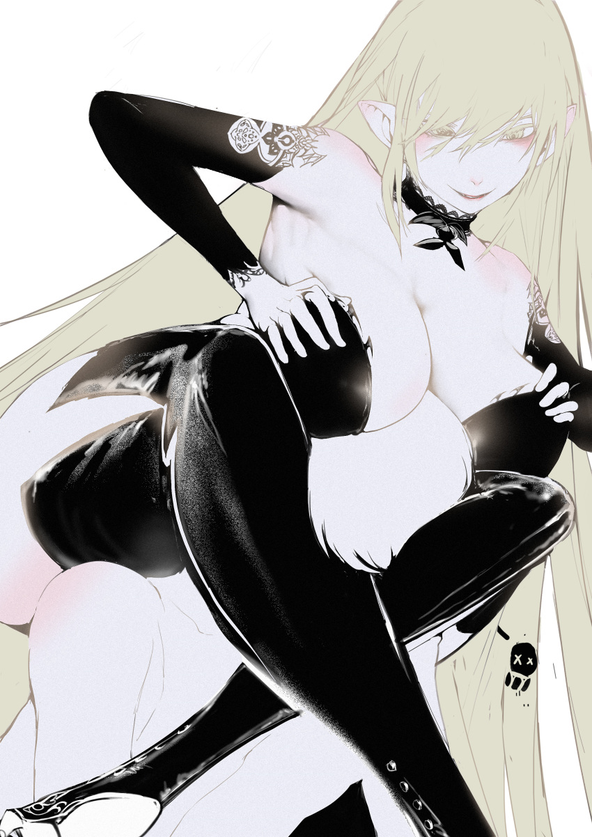 1boy, 1girl, absurdres, armpits, between_breasts, black_dress, blonde_hair, blush