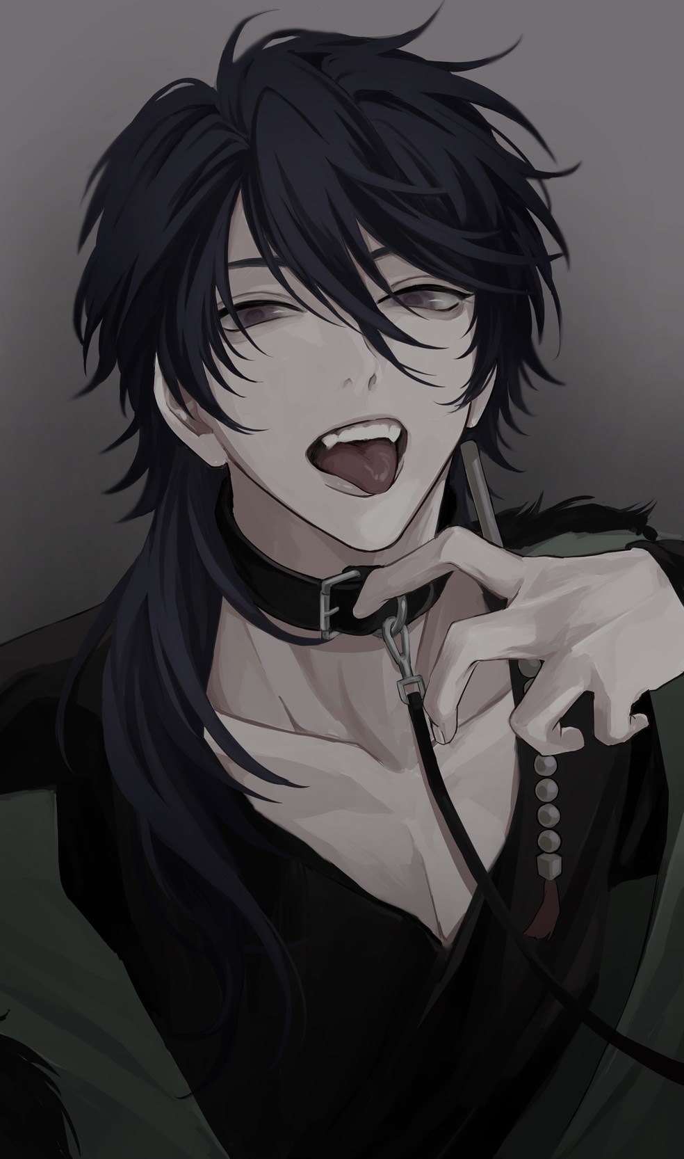 1boy, arisugawa_dice, bad_id, bad_pawoo_id, belt_collar, black_hair, brown_eyes, collar, fingernails, grey_background, hair_between_eyes, hand_up, highres, hypnosis_mic, leash, little_mare, long_sleeves, looking_at_viewer, male_focus, open_mouth, solo, tongue, tongue_out, upper_body, v-neck