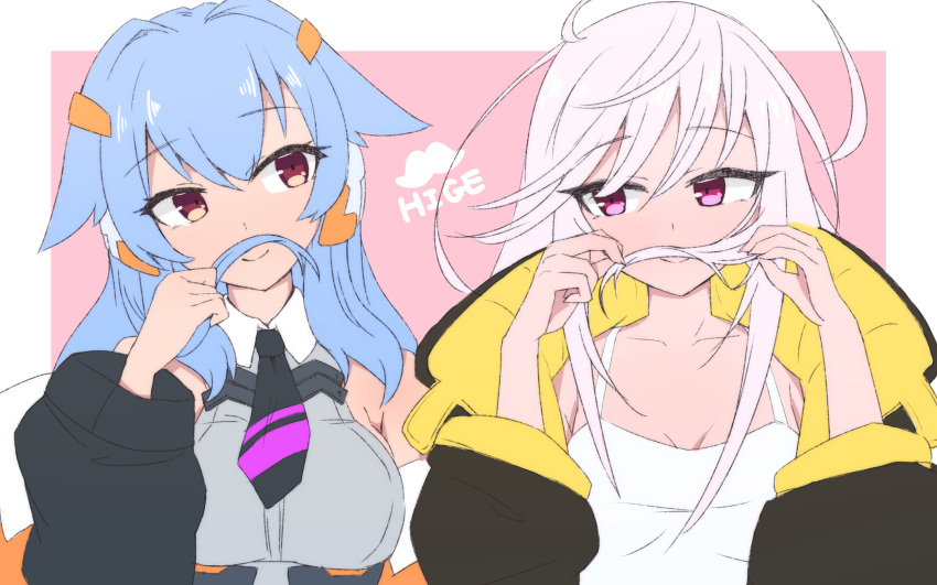 2girls, ahoge, bangs, blue_hair, breasts, fake_facial_hair, fake_mustache, hair_ornament