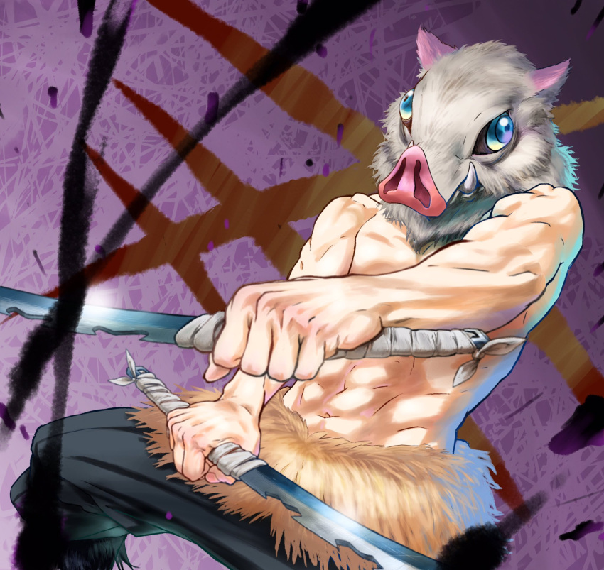 1boy, 4o080_yotabnc, abs, blue_eyes, boar_mask, commentary_request, damaged, dual_wielding