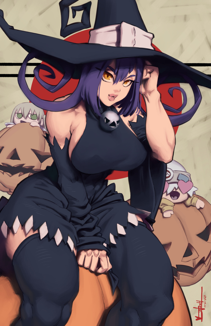 absurdres, bell, between_legs, black_dress, black_headwear, black_legwear, black_sleeves, blair_(soul_eater), breasts, brown_eyes, chibi, clip_studio_paint_(medium), curly_hair, detached_sleeves, dress, english_commentary, eyeliner, hand_between_legs, hat, highres, impossible_clothes, impossible_dress, jack-o'-lantern, jingle_bell, joseph_virtuoso, large_breasts, lips, long_hair, looking_at_viewer, maka_albarn, makeup, no_bra, pumpkin, purple_hair, sideboob, sitting, solo_focus, soul_eater, soul_eater_(character), thick_thighs, thigh-highs, thighs, wide_sleeves, witch_hat