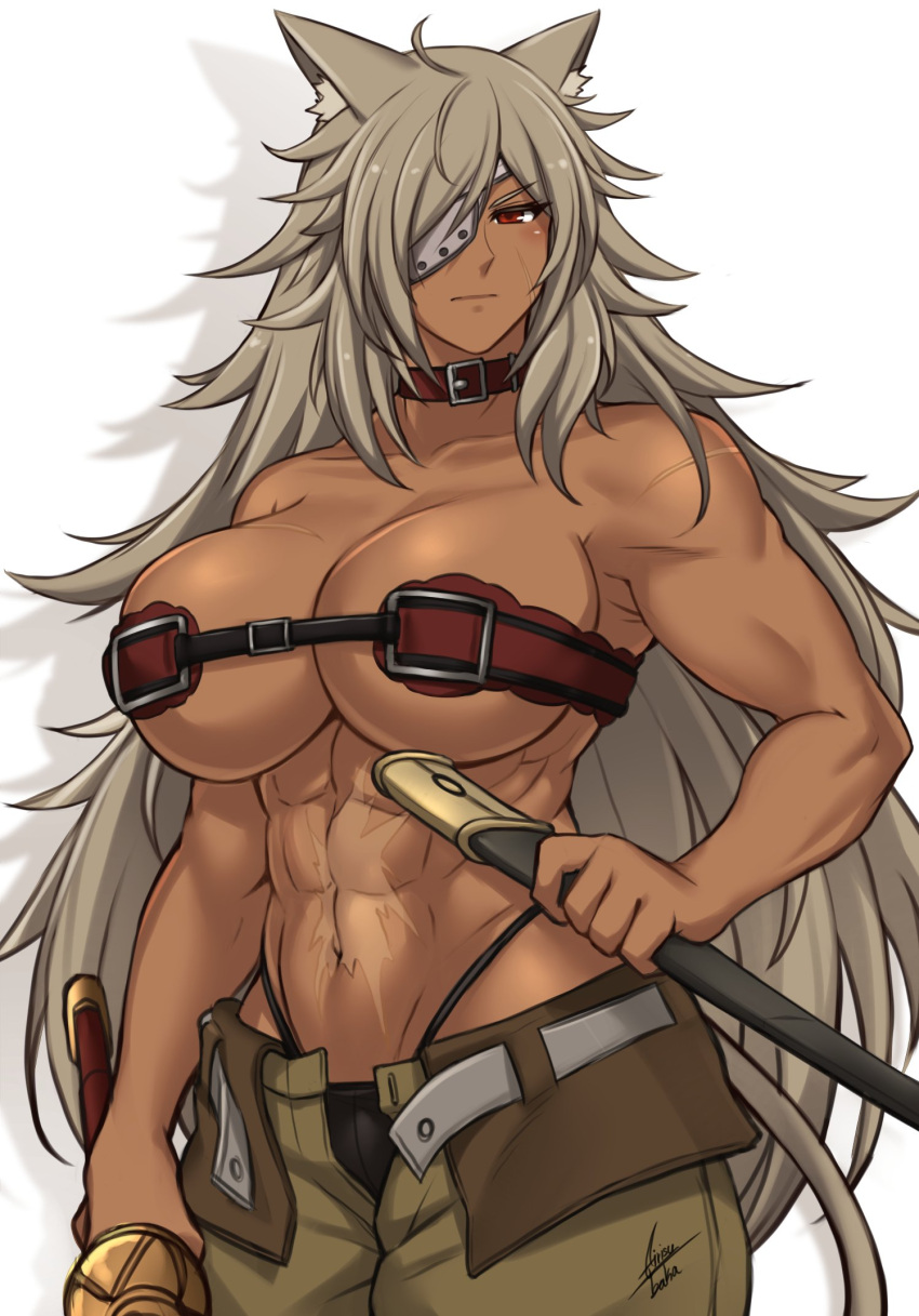 1girl, abs, airisubaka, animal_ear_fluff, animal_ears, bare_shoulders, breasts, brown_eyes