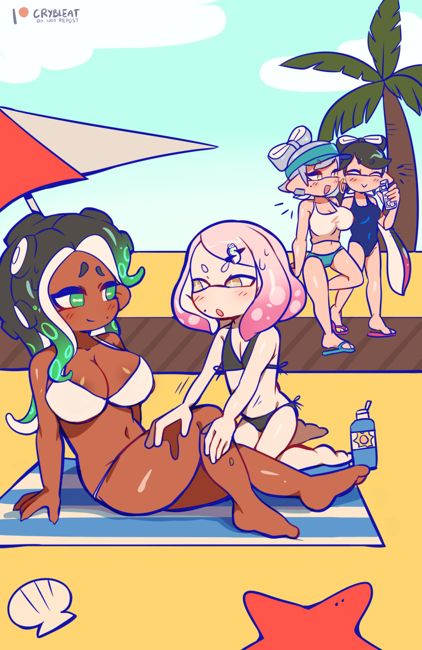 4girls, applying_sunscreen, barefoot, beach, beach_towel, beach_umbrella, bikini, blush