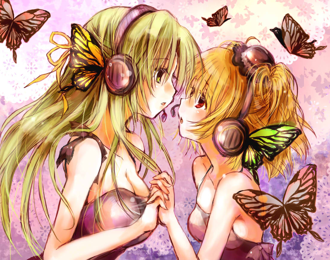 breasts, butterfly, butterfly_hair_ornament, cleavage, green_hair, hair_ornament, hair_ribbon, hairband
