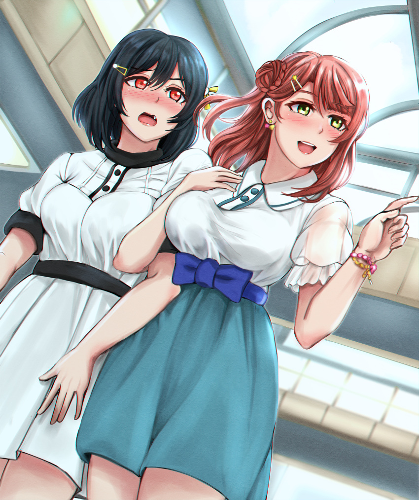 2girls, :d, :o, absurdres, black_hair, blue_bow, blush, bow