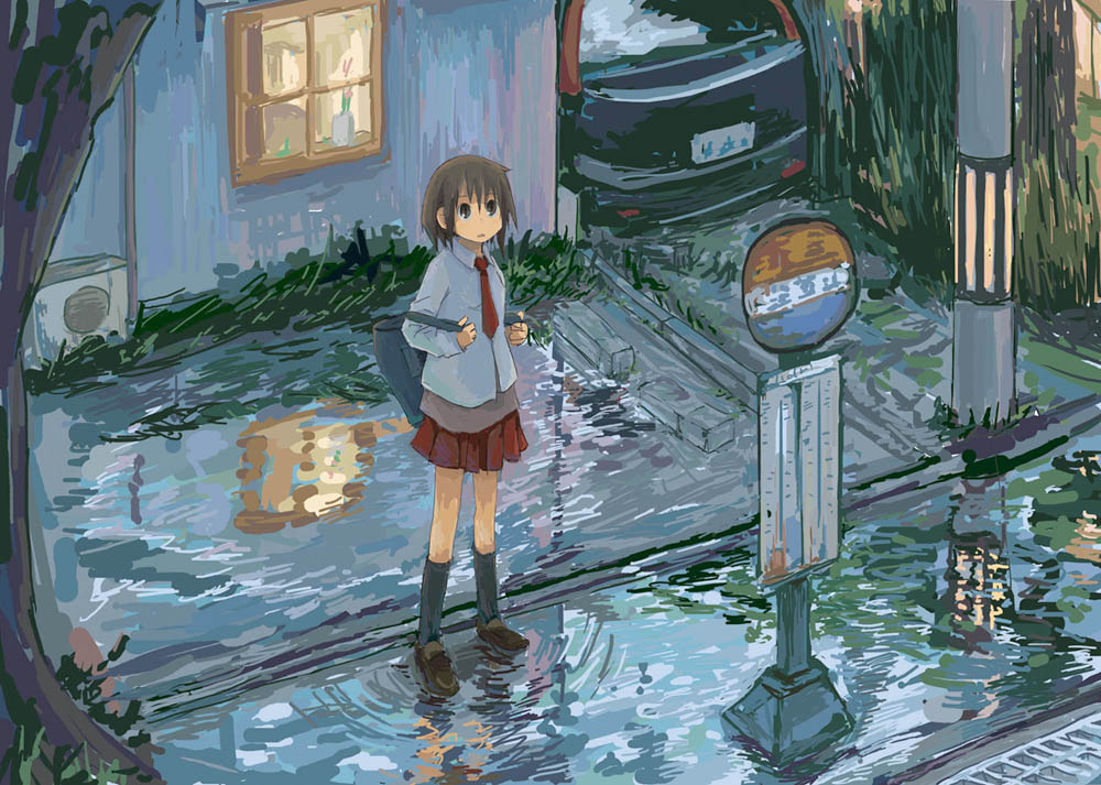 brown_eyes, brown_hair, bus_stop, car, motor_vehicle, noji, reflection, school_bag