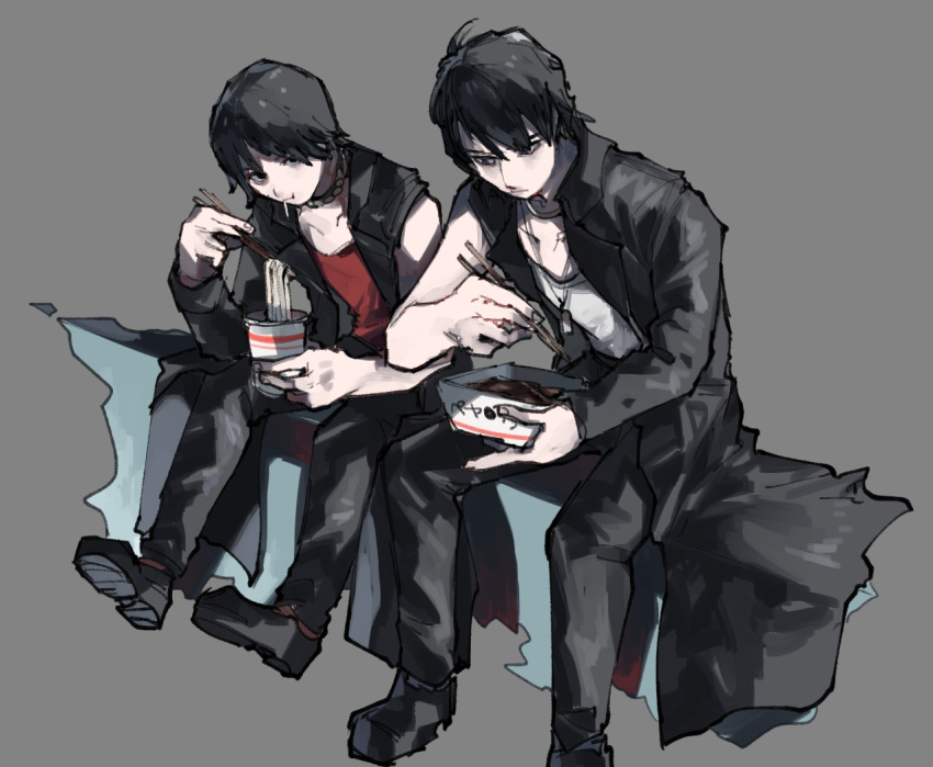 2boys, :t, bangs, black_coat, black_eyes, black_footwear, black_hair, black_pants, black_theme, box, chikichi, chopsticks, closed_mouth, coat, collarbone, commentary_request, dog_tags, eating, food, full_body, grey_background, holding, holding_chopsticks, jewelry, kageyama_shun, kamen_rider, kamen_rider_kabuto_(series), looking_at_another, looking_down, looking_to_the_side, male_focus, meat, multiple_boys, necklace, noodles, open_clothes, open_coat, pants, ramen, red_shirt, shirt, shoes, short_hair, simple_background, single_sleeve, sitting, sleeveless, sleeveless_shirt, translation_request, trench_coat, white_shirt, yaguruma_sou