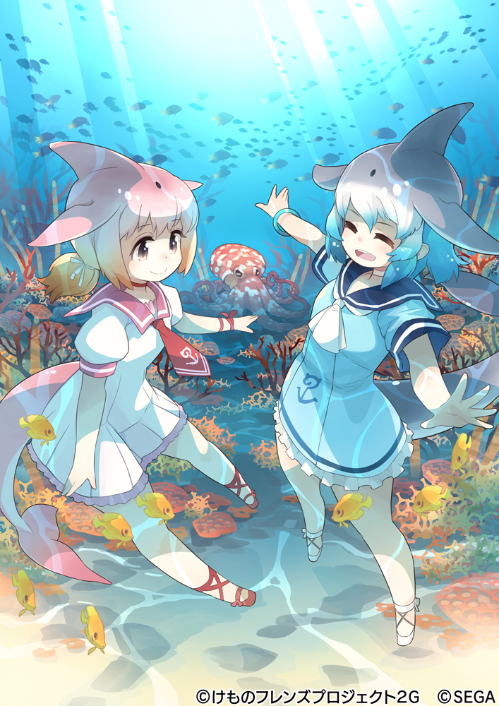 2girls, akitsu_taira, anchor_symbol, aqua_hair, blowhole, blue_dress, blue_hair, chinese_white_dolphin_(kemono_friends)