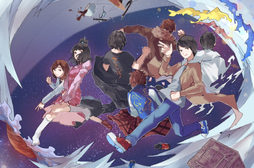 2girls, 5boys, arm_up, bangs, banjou_ryuuga, black-framed_eyewear, black_dress, black_hair