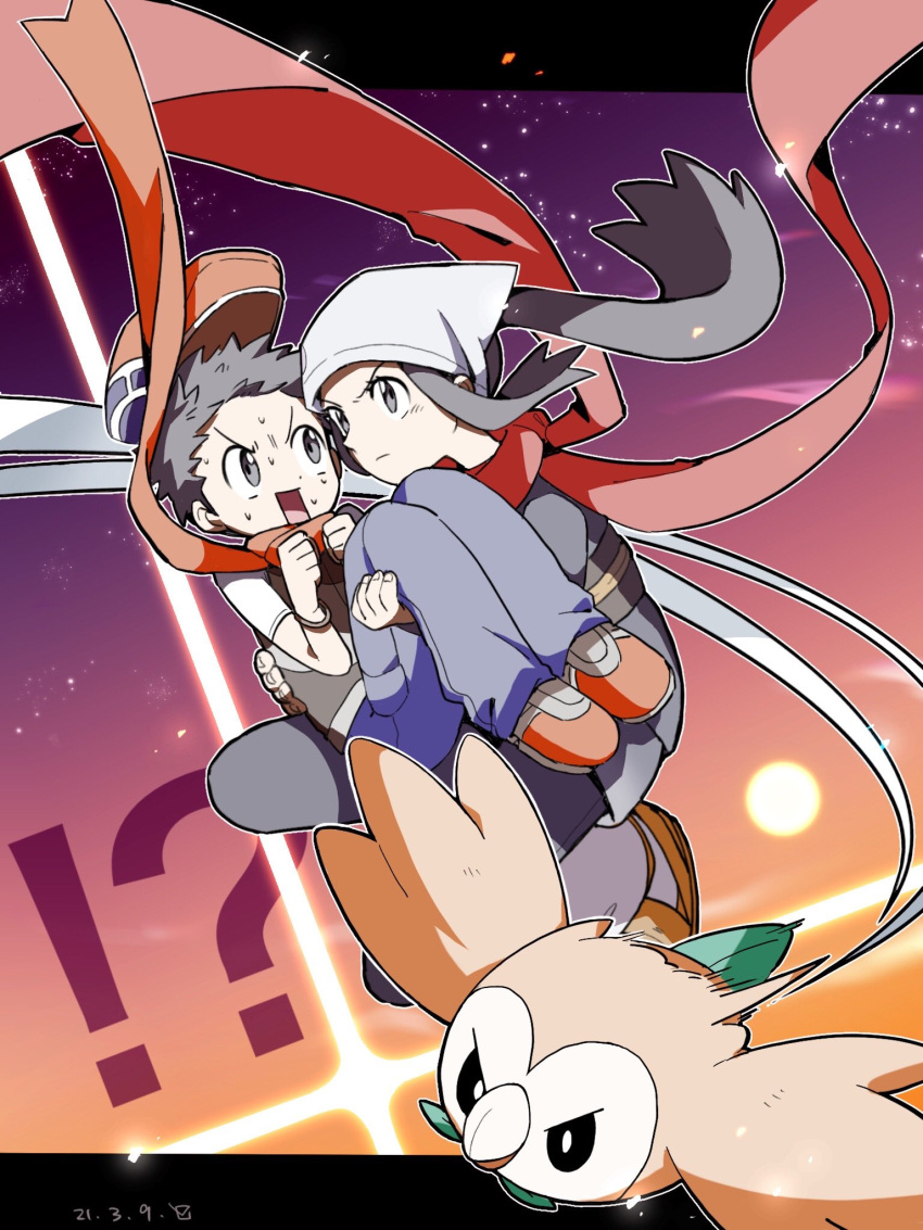 !?, 1boy, 1girl, bracelet, clenched_hands, commentary, female_protagonist_(pokemon_legends:_arceus), floating_hair
