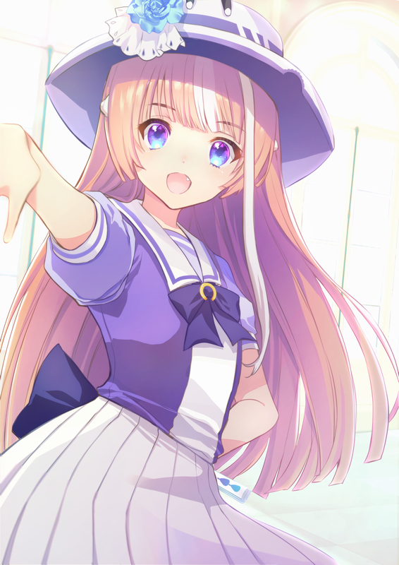 1girl, :d, akikawa_yayoi, bangs, blonde_hair, blue_bow, blue_eyes, blue_flower, blue_neckwear, blue_rose, blue_shirt, blunt_bangs, bow, bowtie, breasts, cowboy_shot, dutch_angle, eyebrows_visible_through_hair, fang, flower, hat, indoors, long_hair, looking_at_viewer, open_mouth, pleated_skirt, reaching_out, rose, sailor_collar, shirt, skirt, small_breasts, smile, solo, stacy_romeroa, standing, umamusume, very_long_hair, white_headwear, white_skirt, window