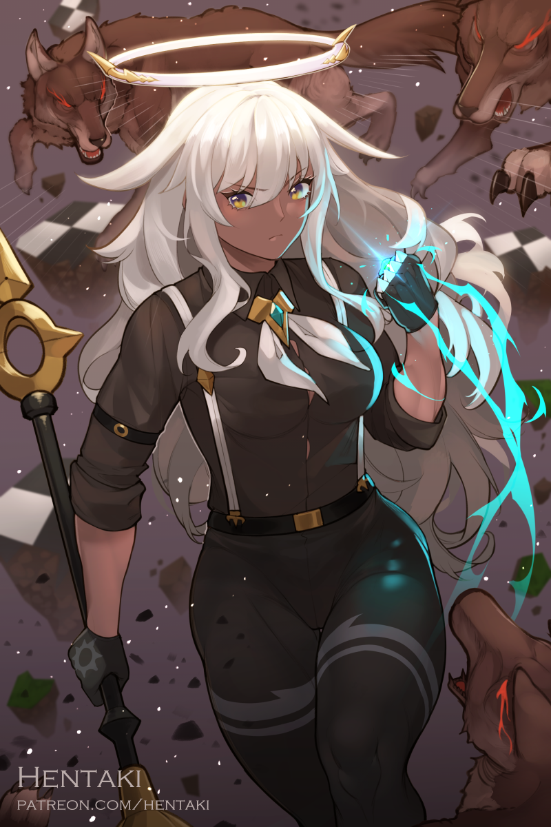 >:(, 1girl, animal, bangs, belt, black_belt, black_gloves, black_pants, black_shirt, breasts, brown_eyes, checkered, clenched_hand, closed_mouth, collared_shirt, commentary, dark_skin, dark-skinned_female, dragalia_lost, dress_shirt, english_commentary, eyebrows_visible_through_hair, fingerless_gloves, gloves, glowing, glowing_eyes, hair_between_eyes, halo, hentaki, highres, long_hair, medium_breasts, pants, ryszarda_(dragalia_lost), shirt, short_sleeves, solo, v-shaped_eyebrows, very_long_hair, white_hair, wolf