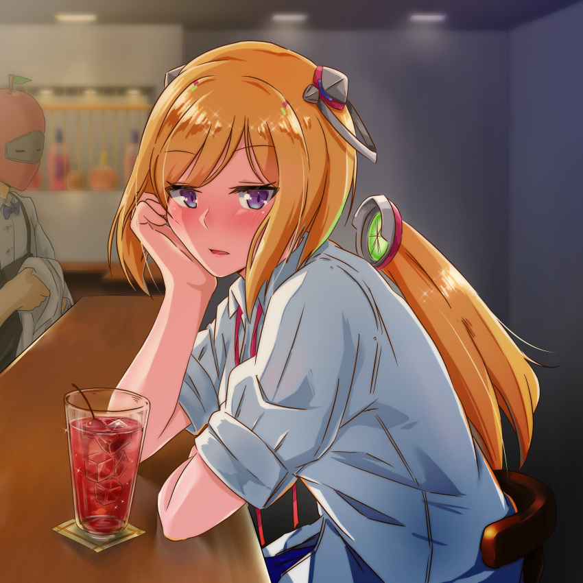 1girl, absurdres, aki_rosenthal, alcohol, bangs, blonde_hair, blue_jacket, blush