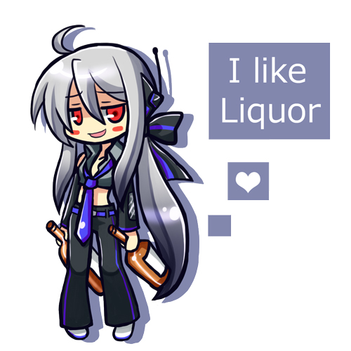 bad_id, blush, blush_stickers, bottle, chibi, detached_sleeves, drunk, dual_wielding, english, heart, kuromine, lowres, necktie, pants, payot, ponytail, red_eyes, silver_hair, simple_background, standing, vocaloid, voyakiloid, yowane_haku
