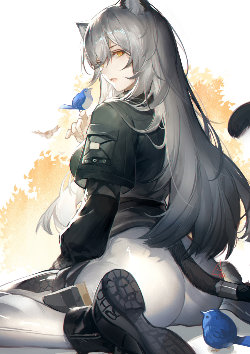 1girl, absurdres, animal_ears, arknights, ass, bangs, bird, black_footwear