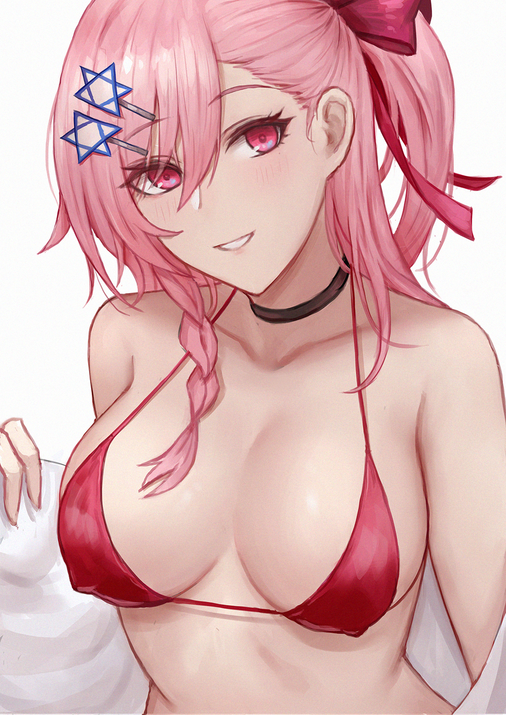 1girl, bare_shoulders, bikini, bikini_top, black_choker, blush, bow, braid