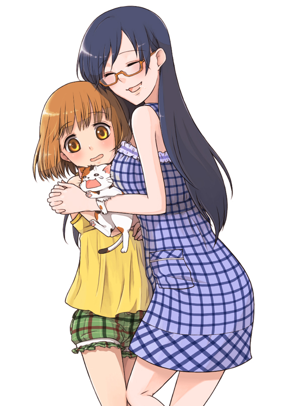 bloomers, blush, brown_eyes, brown_hair, cat, closed_eyes, dress, hand_holding