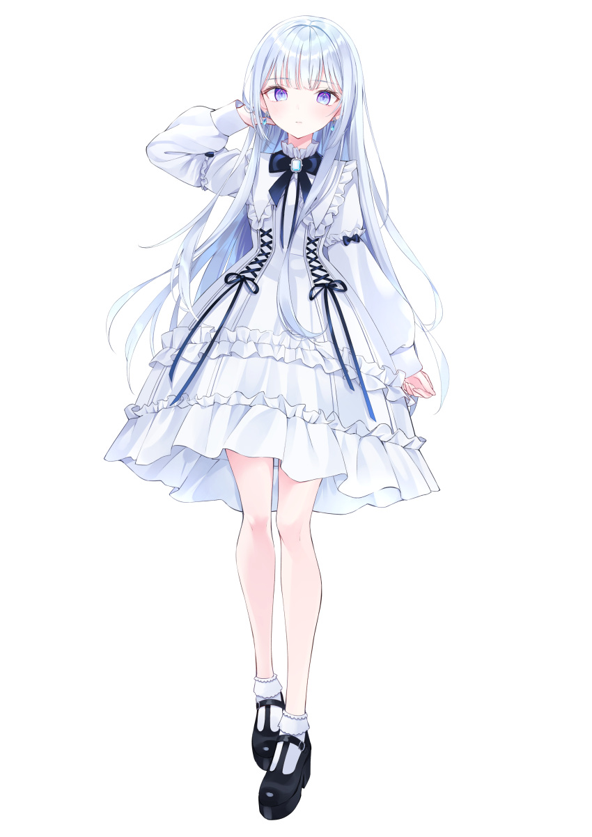 1girl, absurdres, blue_eyes, earrings, frills, full_body, highres, jewelry