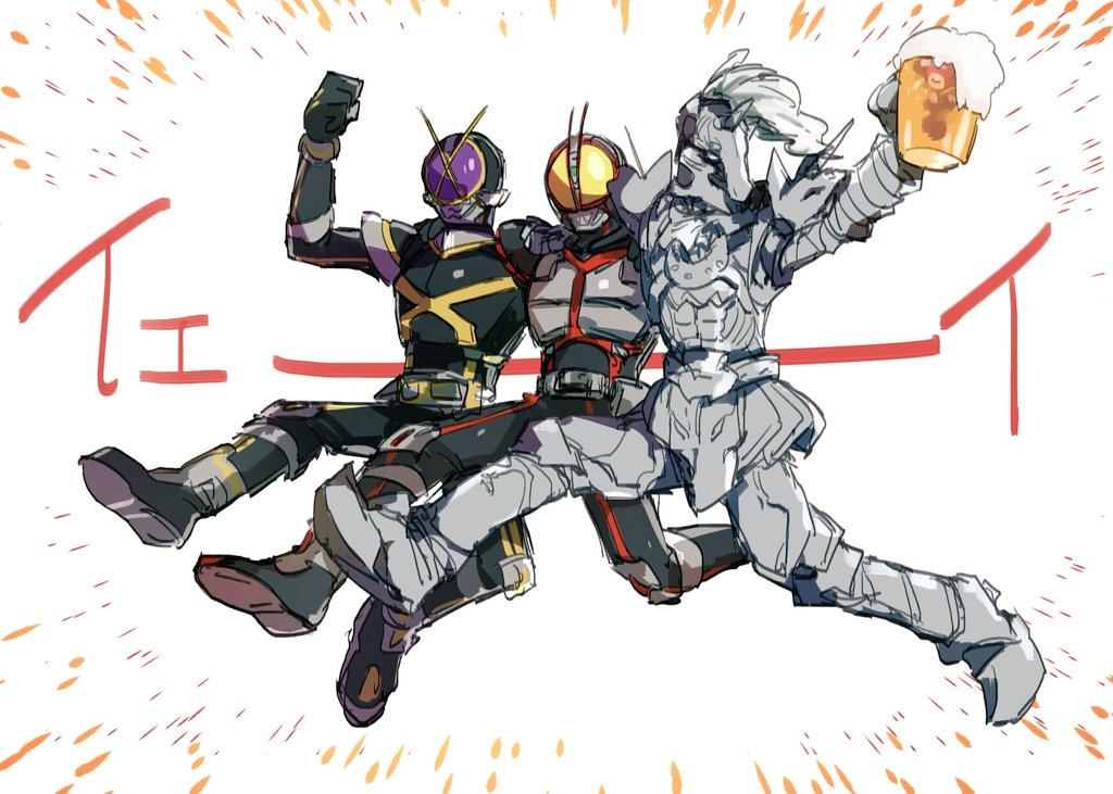 3boys, alcohol, arm_around_shoulder, arm_up, armor, armored_boots, beer, beer_mug