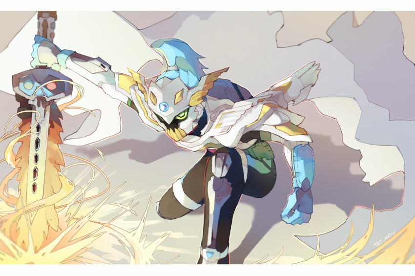 1boy, arm_up, armor, artist_name, belt, black_bodysuit, blue_gloves, blue_hair