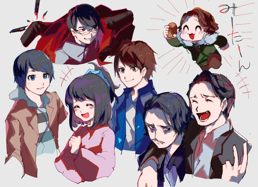 1girl, 6+boys, :3, ^_^, annoyed, arm_around_neck, arm_up, asymmetrical_bangs