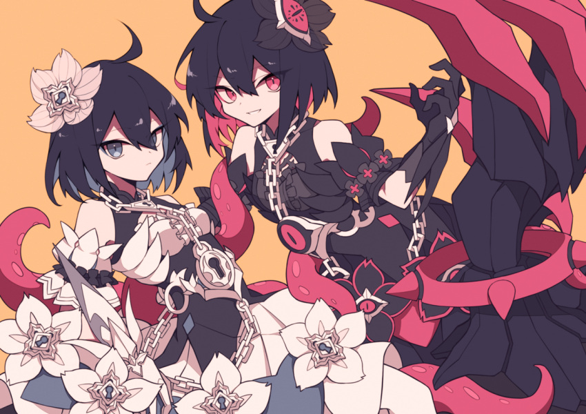 2girls, ahoge, aww_(pixiv4034890), bare_shoulders, black_flower, black_gloves, black_hair, black_vs_white