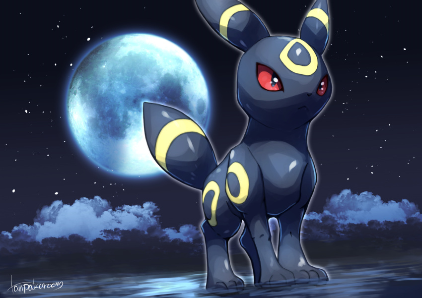 clouds, commentary_request, from_below, gen_2_pokemon, highres, moon, no_humans, outdoors, paws, pokemon, pokemon_(creature), shiny, signature, sky, solo, standing, star_(sky), tanpakuroom, toes, umbreon