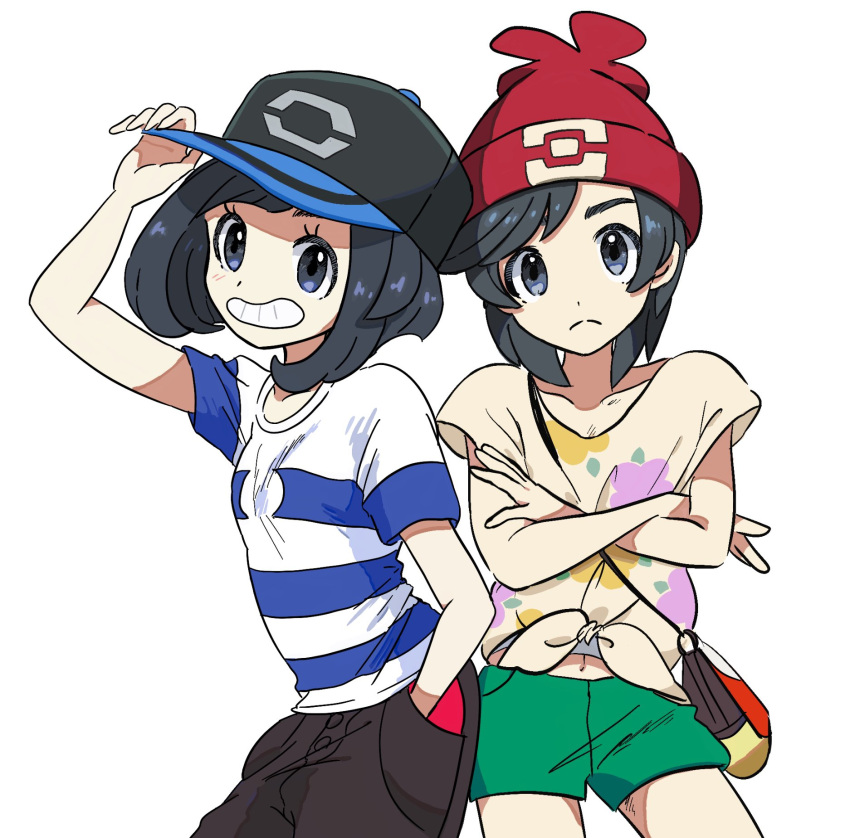 1boy, 1girl, aoaomzir, bag, baseball_cap, beanie, black_hair, black_headwear