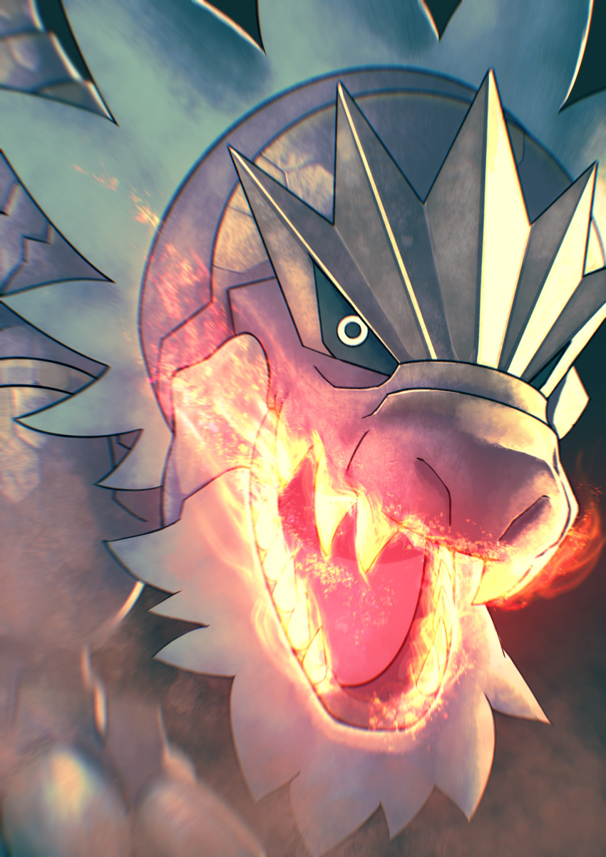 absurdres, blurry, breathing_fire, claws, commentary, fire, gen_6_pokemon, higa-tsubasa