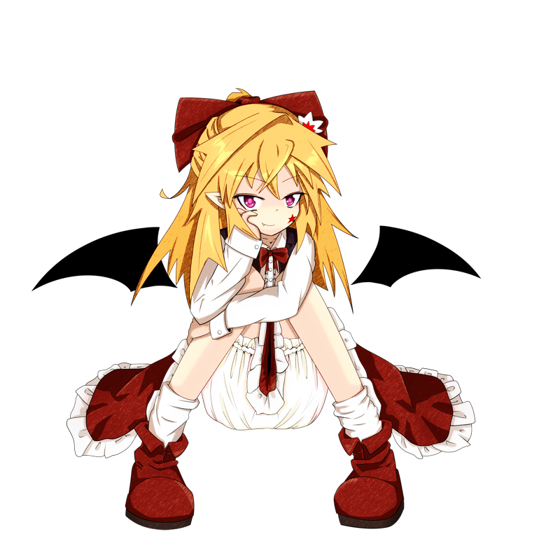 bloomers, elis_(touhou), facial_mark, fang, hair_ribbon, leg_hug, long_hair, pink_eyes, pointy_ears, ribbon, sitting, solo, star, touhou, touhou_(pc-98), viki00, wings