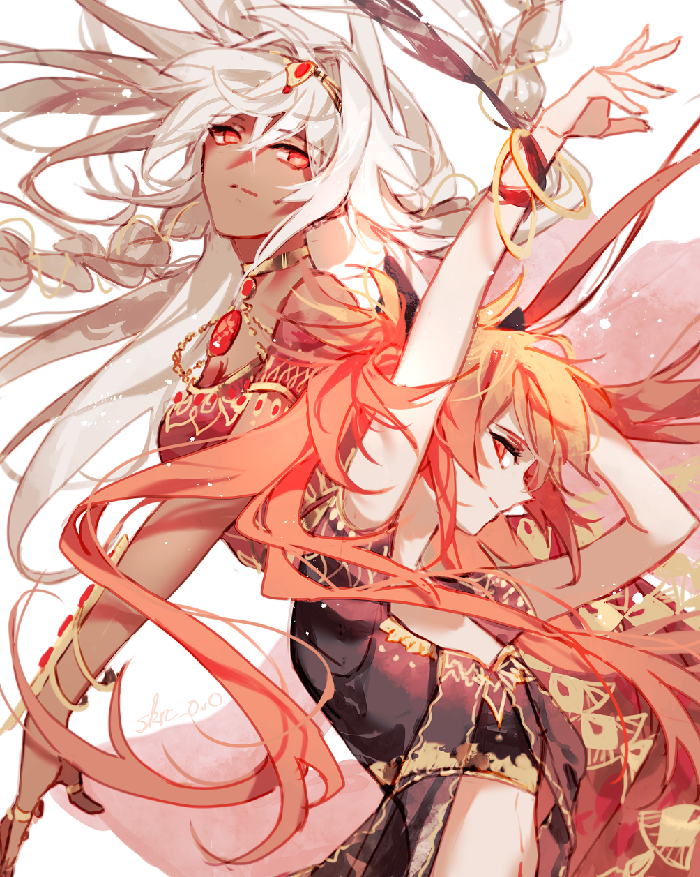 2girls, arms_up, bangs, bracelet, breasts, choker, closed_mouth, commentary_request