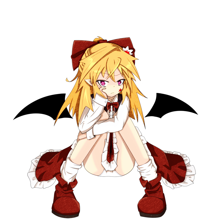 elis_(touhou), facial_mark, hair_ribbon, leg_hug, long_hair, panties, pantyshot, pantyshot_sitting, pink_eyes, pointy_ears, ribbon, sitting, solo, star, touhou, touhou_(pc-98), underwear, viki00, wings