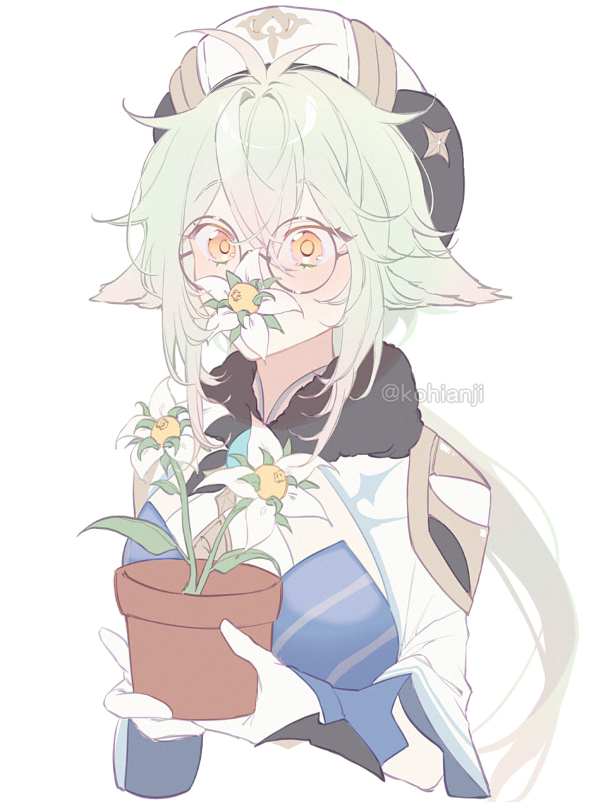 1girl, animal_ears, antenna_hair, bangs, blush, cropped_torso, flower, flower_pot