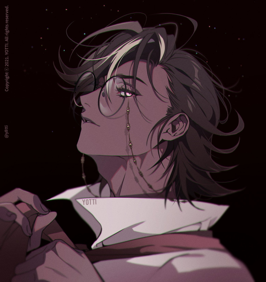 1boy, adam's_apple, artist_name, black-framed_eyewear, black_background, black_hair, collared_shirt, commentary_request