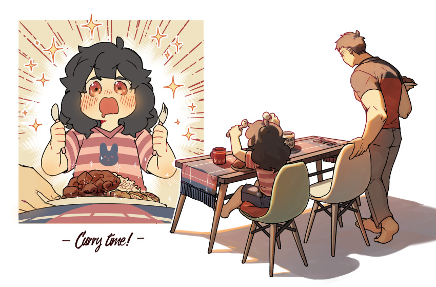 1boy, 1girl, absurdres, barefoot, black_hair, chair, child, cup, curry, daji_(sihanjir), english_text, father_and_daughter, food, fork, highres, long_hair, natt_(sihanjir), original, plate, purple_shirt, red_eyes, rice, shadow, shirt, short_hair, short_sleeves, sihanjir, sparkle, spoon, striped, striped_shirt, table