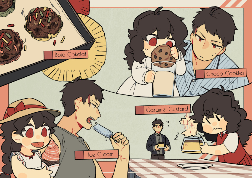 1boy, 1girl, absurdres, black_hair, blue_shirt, blush, child, chocolate_chip_cookie